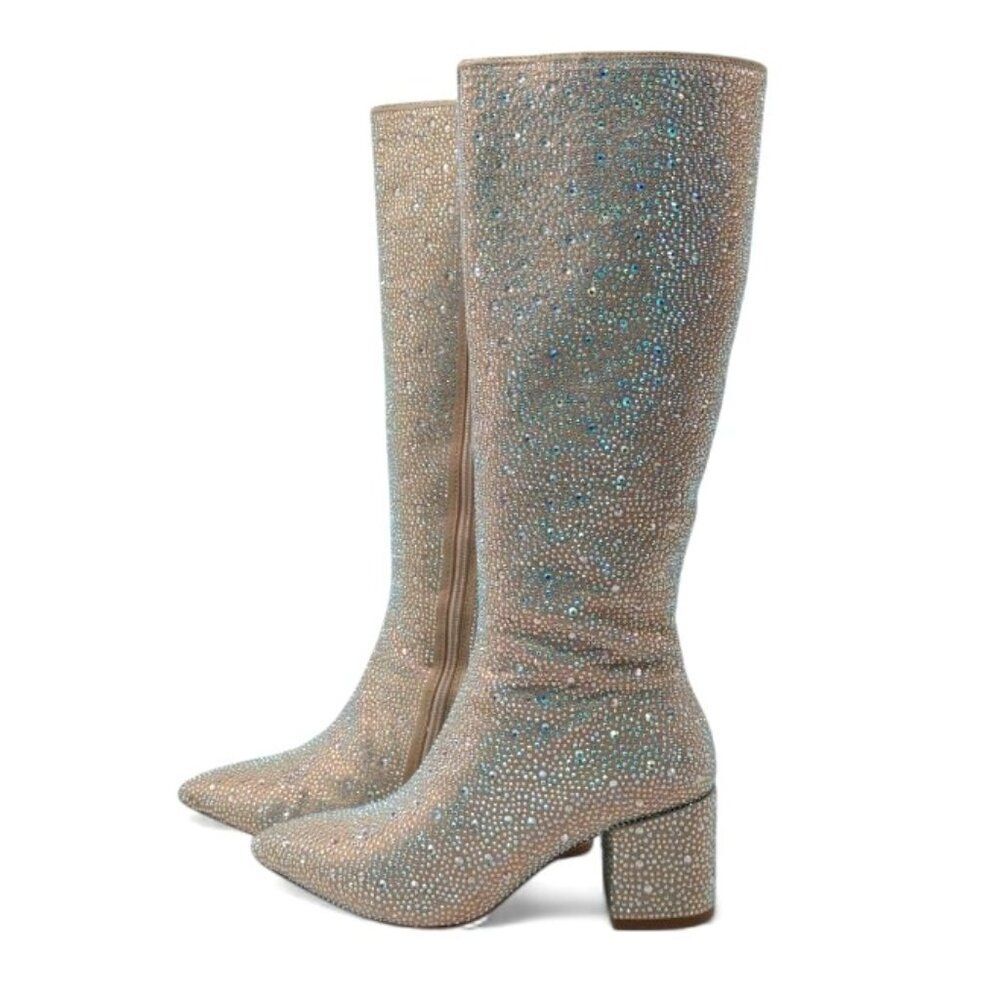 Wetkiss Women's Size 7 Iridescent Crystal Rhinestone Chunky Heel Knee High Boots - Picture 3 of 16